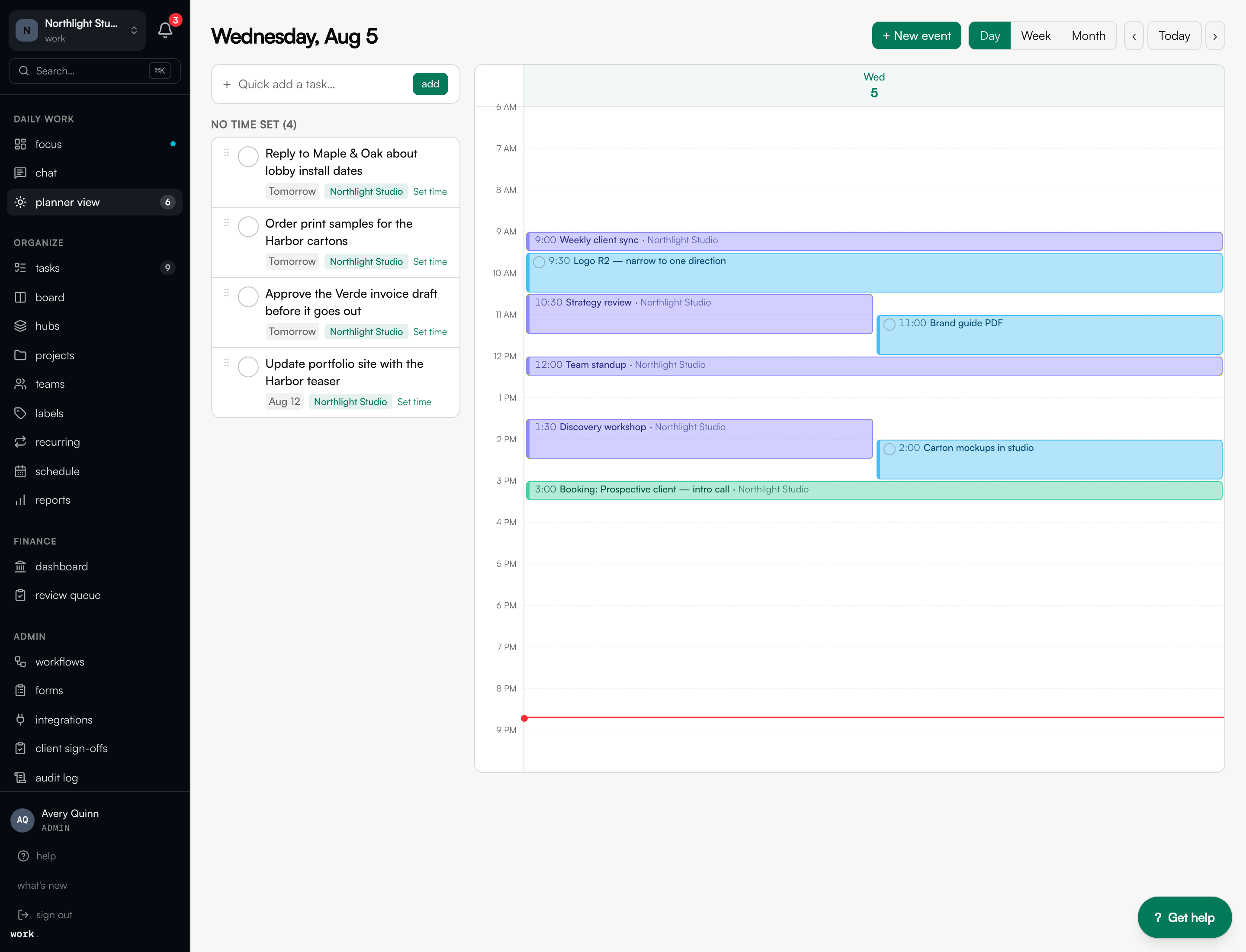 The bsns daily planner: meetings, task blocks, and a client booking sharing one day's calendar