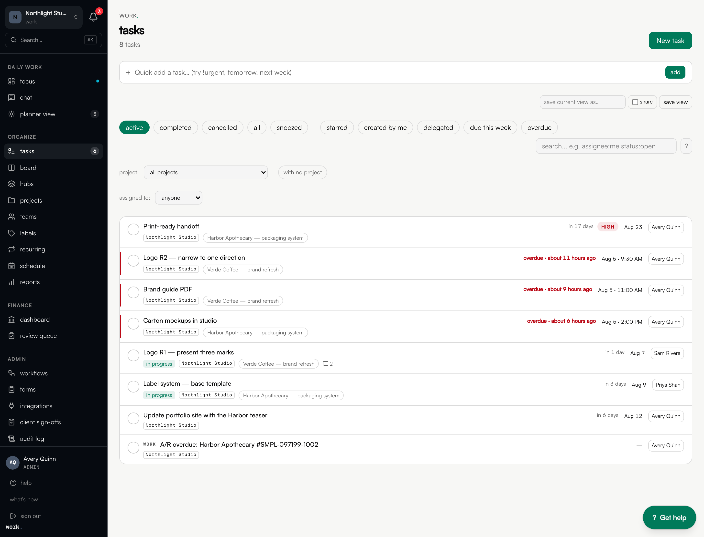 Task list across the whole team, each row showing its assignee