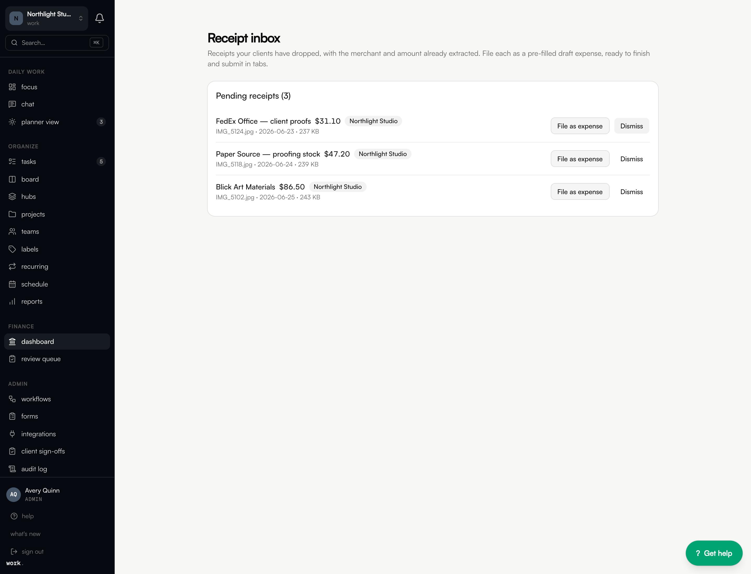 The shoebox receipts inbox: client-uploaded receipts awaiting triage