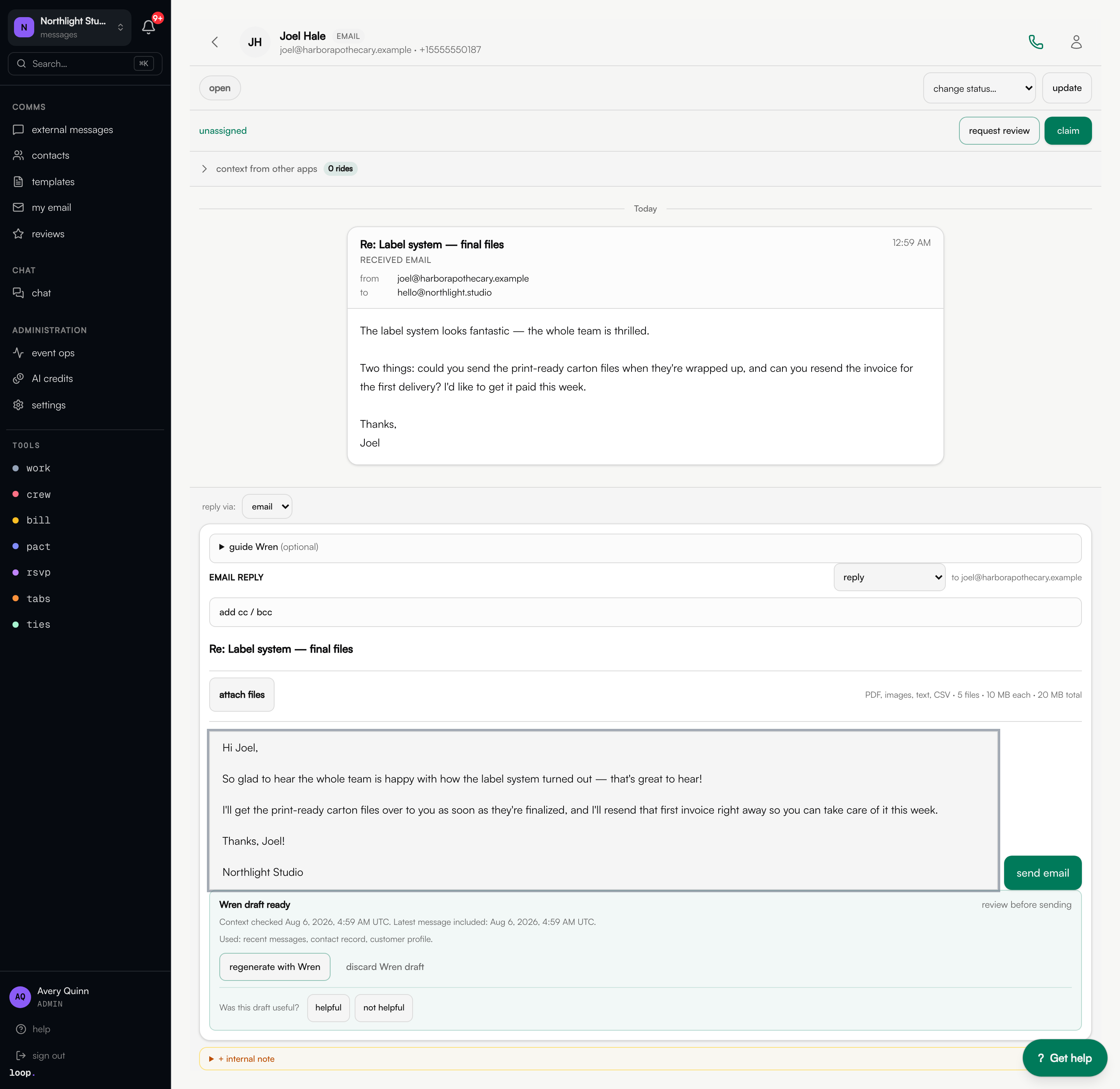 A customer email thread in bsns: the received message, an email reply composer, and a Wren-drafted response with the context it used disclosed